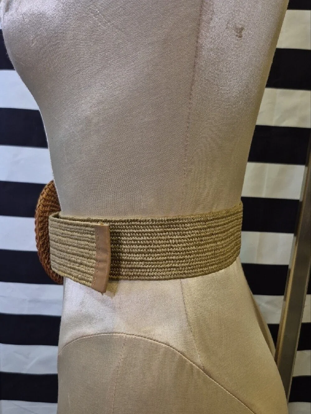 Two Boho Woven Straw Circle And Square Buckle Waist Belt - Natural Brown